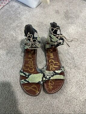 Sam Edelman Snake-Print Lace-Up Sandals in Green and Black